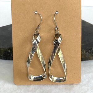 Sterling Silver 925 Mexico HOB 2.36" Modernist Twisted Elongated Hoop Earrings